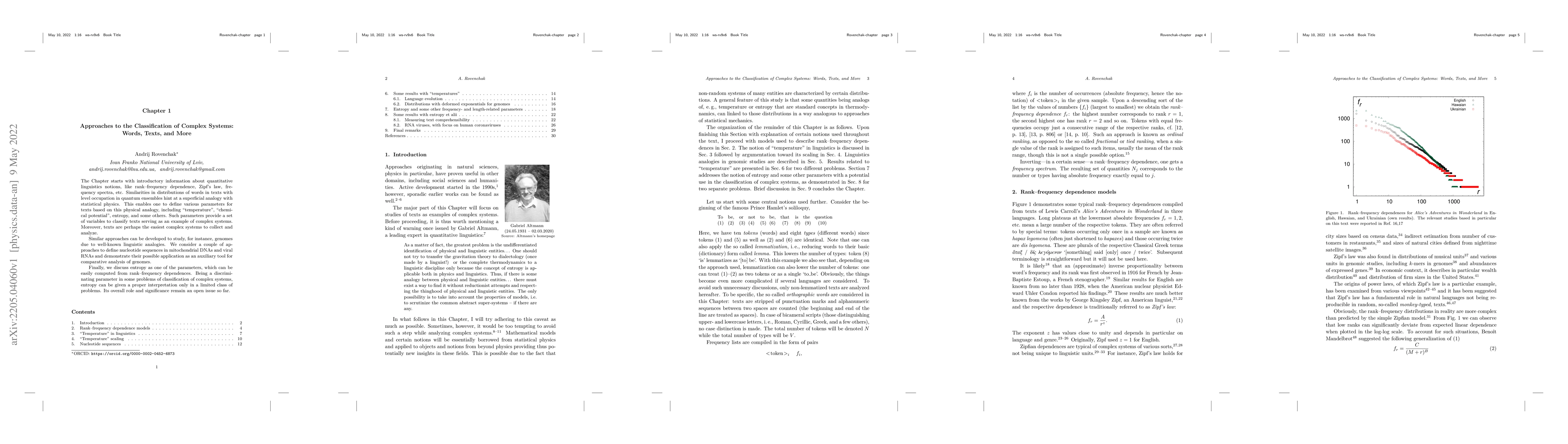 Thumbnail for Approaches to the classification of complex systems: Words, texts, and
  more