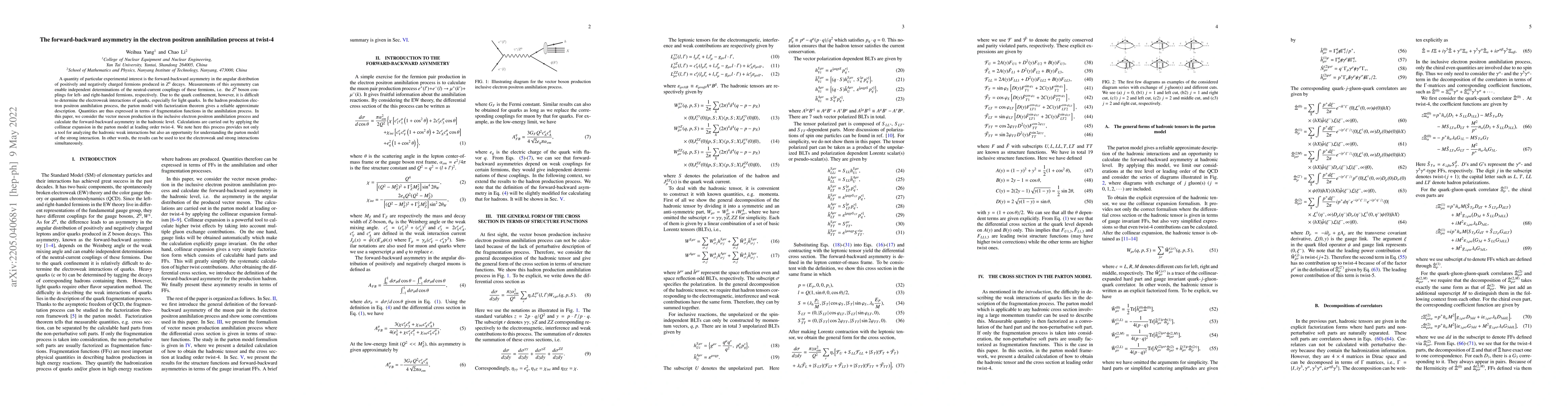 Thumbnail for The forward-backward asymmetry in the electron positron annihilation
  process at twist-4