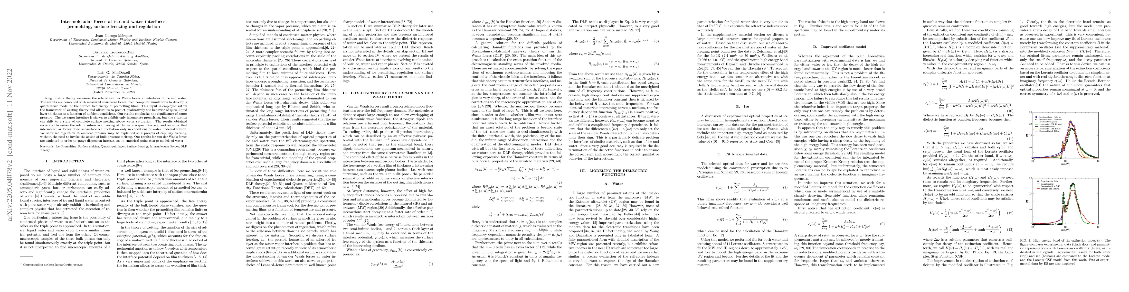 Thumbnail for Intermolecular forces at ice and water interfaces: premelting, surface
  freezing and regelation