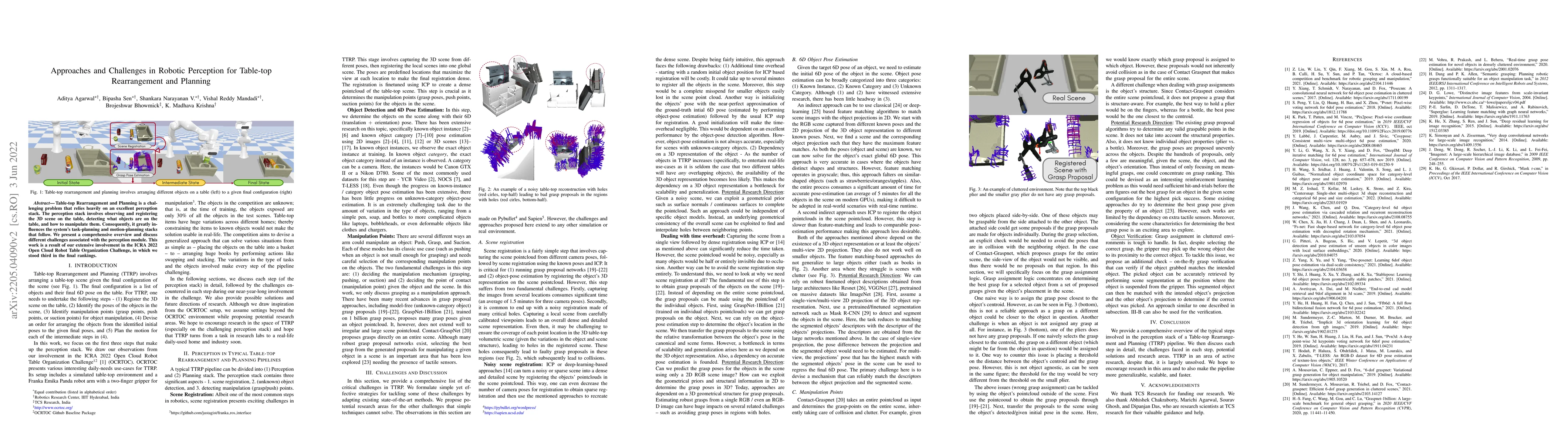 Thumbnail for Approaches and Challenges in Robotic Perception for Table-top
  Rearrangement and Planning