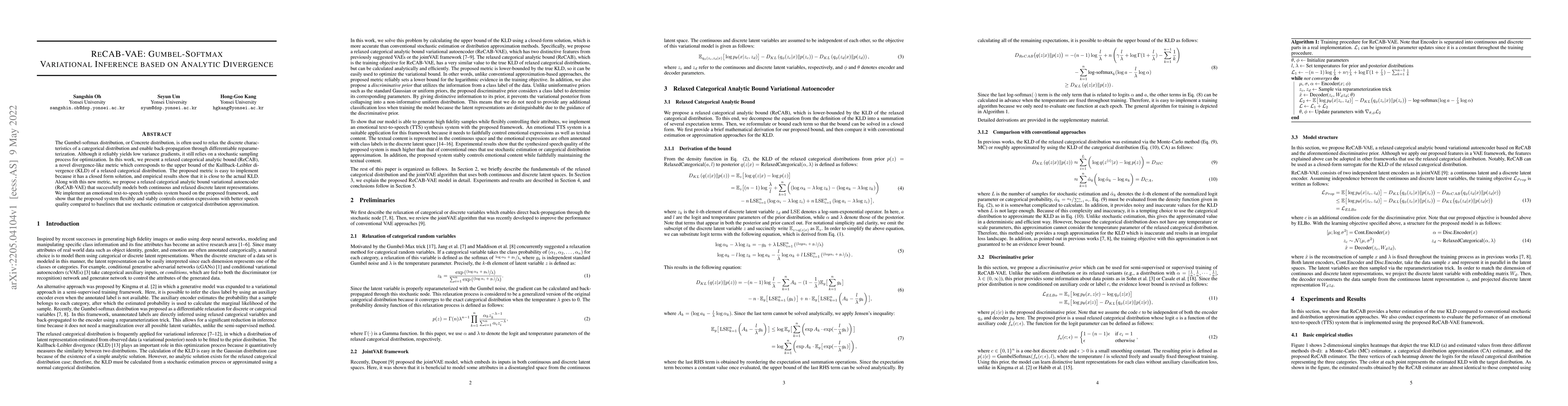 Thumbnail for ReCAB-VAE: Gumbel-Softmax Variational Inference Based on Analytic
  Divergence