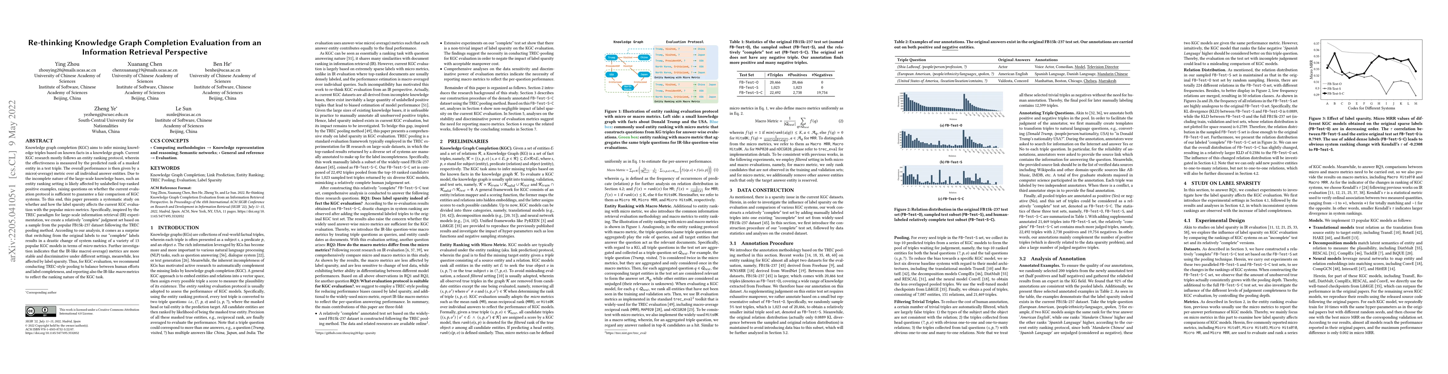 Thumbnail for Re-thinking Knowledge Graph Completion Evaluation from an Information
  Retrieval Perspective