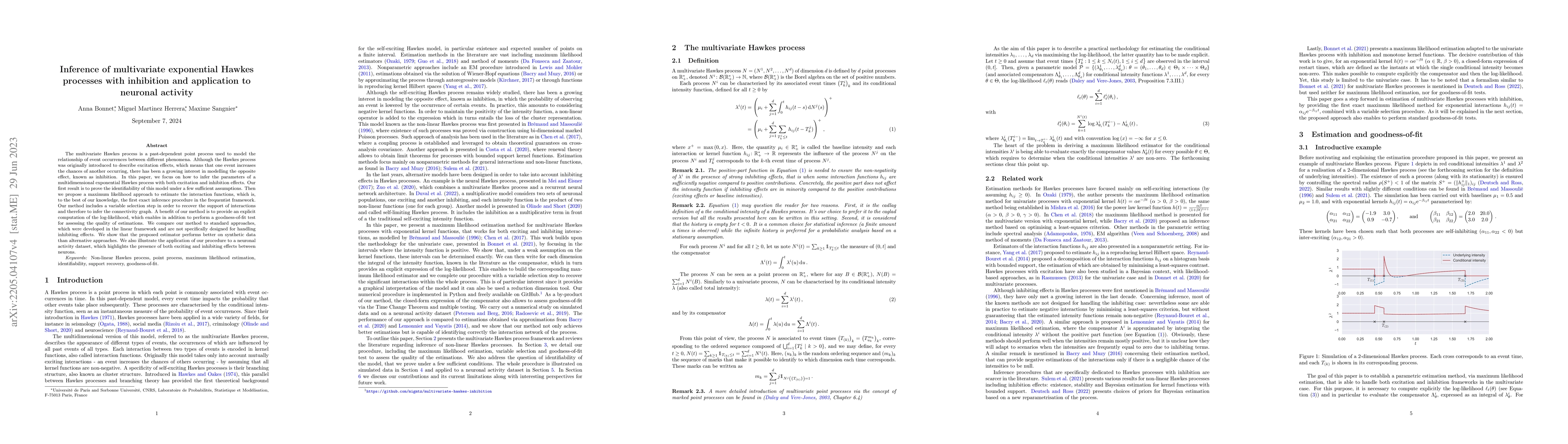Thumbnail for Inference of multivariate exponential Hawkes processes with inhibition
  and application to neuronal activity