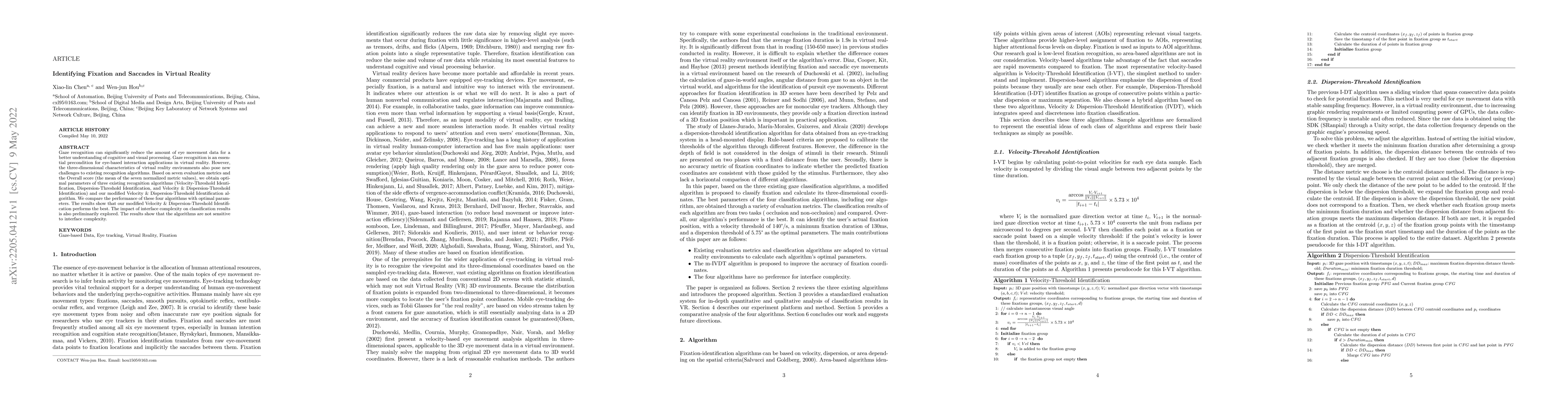 Thumbnail for Identifying Fixation and Saccades in Virtual Reality