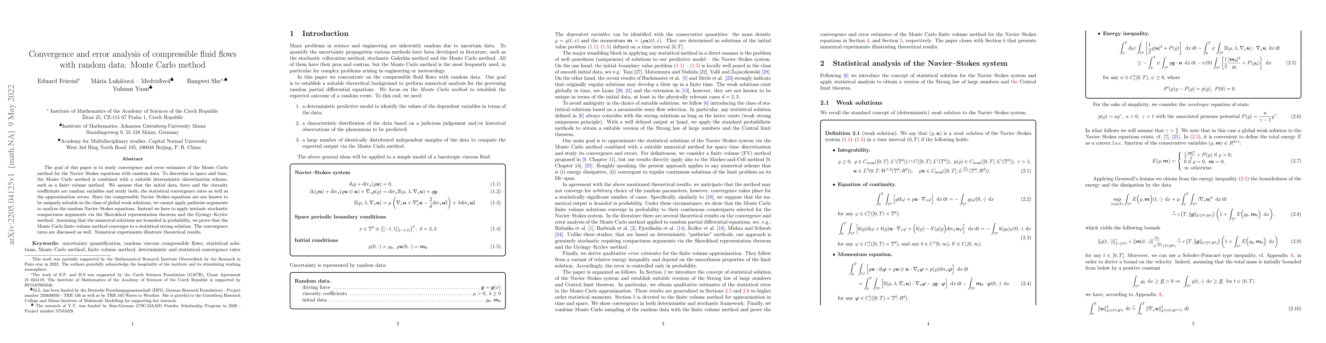 Thumbnail for Convergence and error analysis of compressible fluid flows with random
  data: Monte Carlo method