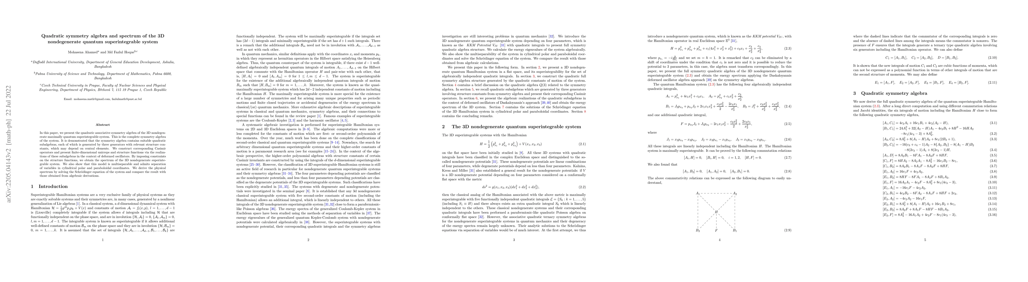 Thumbnail for Quadratic symmetry algebras and spectrum of the 3D nondegenerate quantum
  superintegrable system