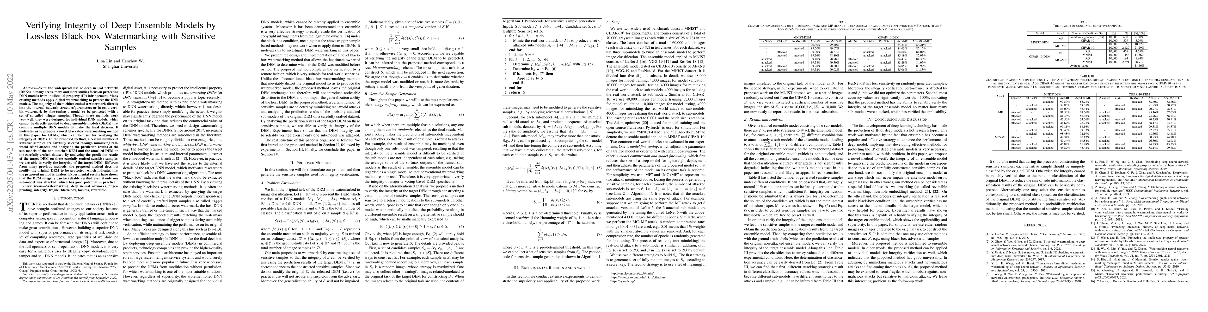 Thumbnail for Verifying Integrity of Deep Ensemble Models by Lossless Black-box
  Watermarking with Sensitive Samples
