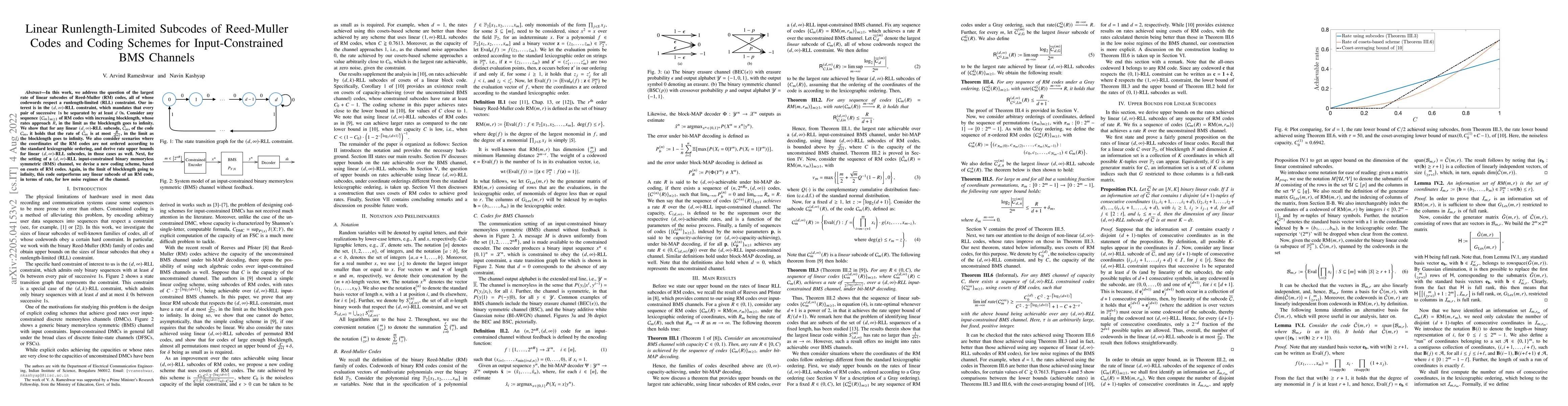 Thumbnail for Linear Runlength-Limited Subcodes of Reed-Muller Codes and Coding
  Schemes for Input-Constrained BMS Channels