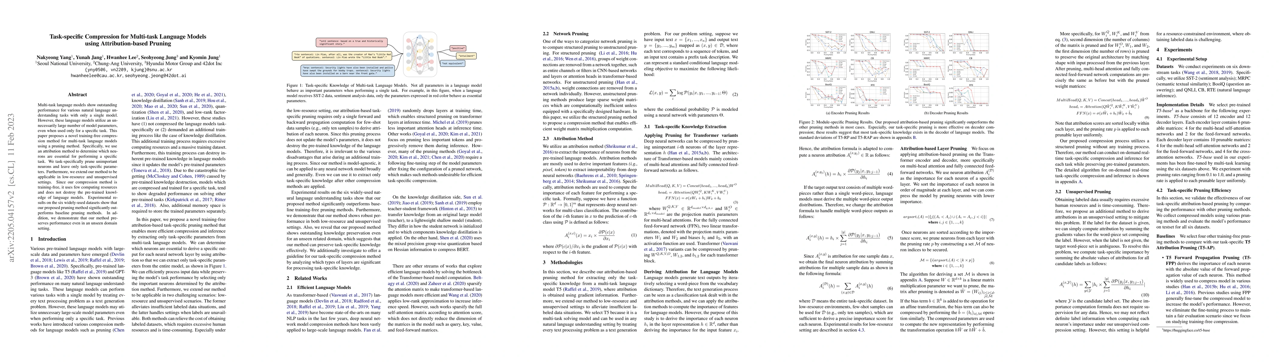 Thumbnail for Task-specific Compression for Multi-task Language Models using
  Attribution-based Pruning