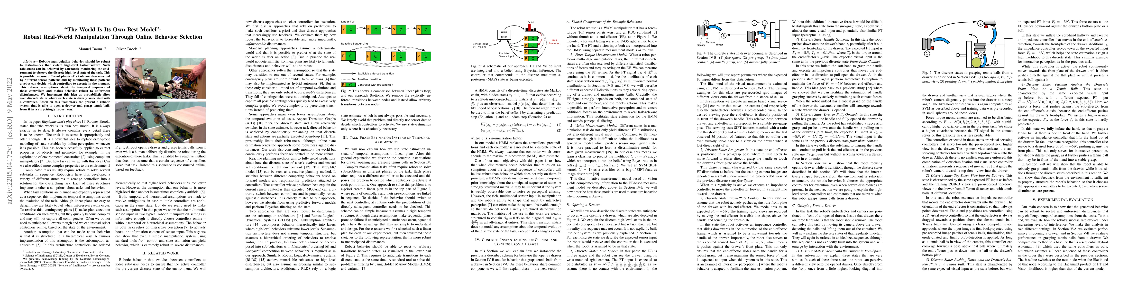 Thumbnail for "The World Is Its Own Best Model": Robust Real-World Manipulation
  Through Online Behavior Selection