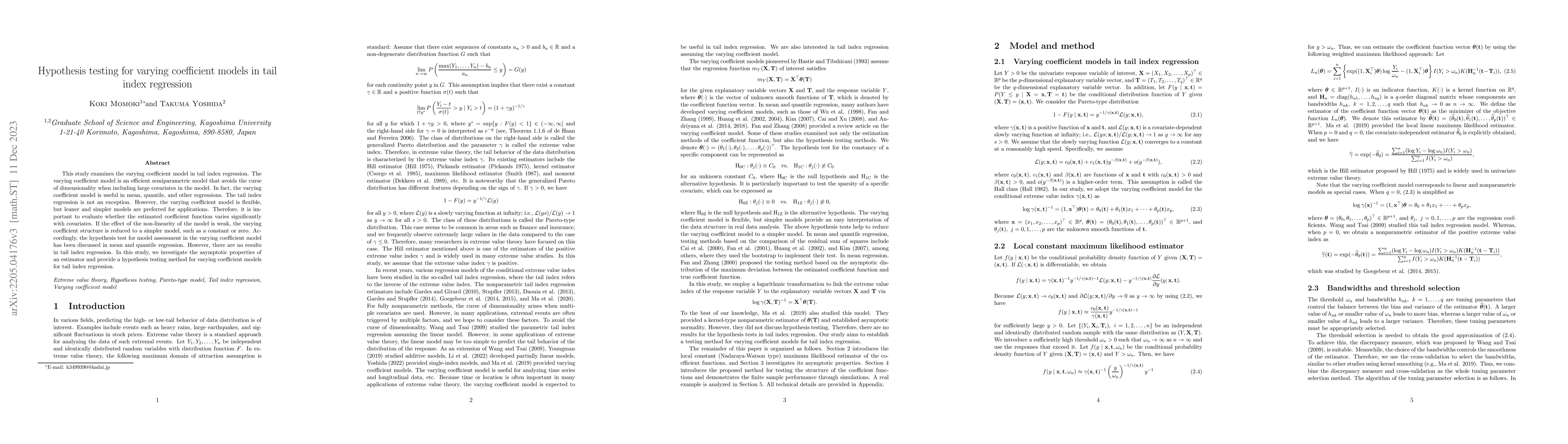 Thumbnail for Hypothesis testing for varying coefficient models in tail index
  regression
