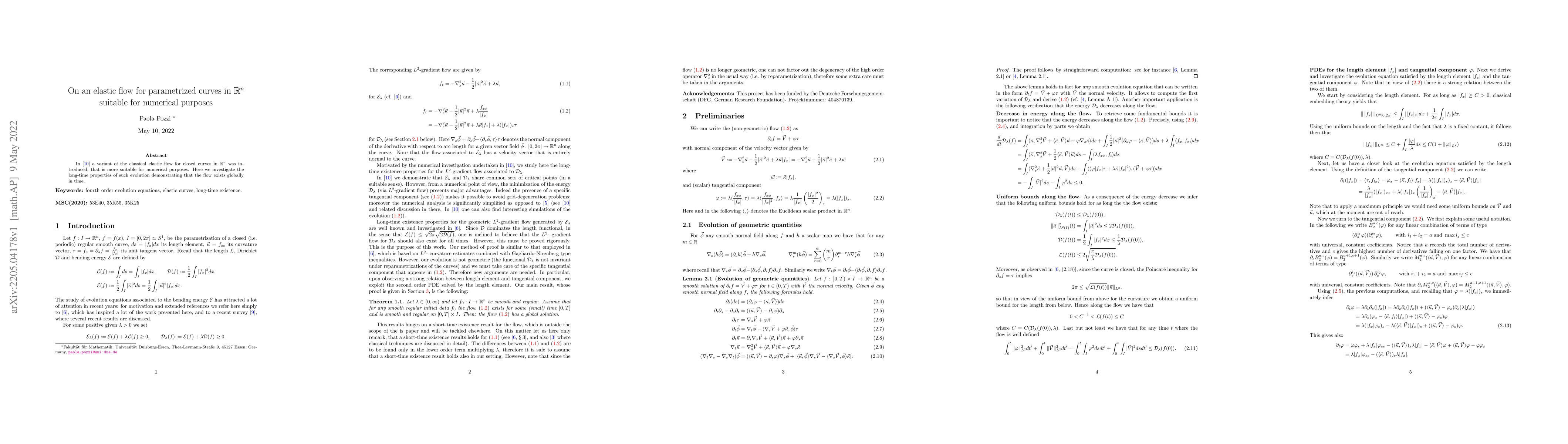 Thumbnail for On an elastic flow for parametrized curves in $\mathbb{R}^n$ suitable
  for numerical purposes