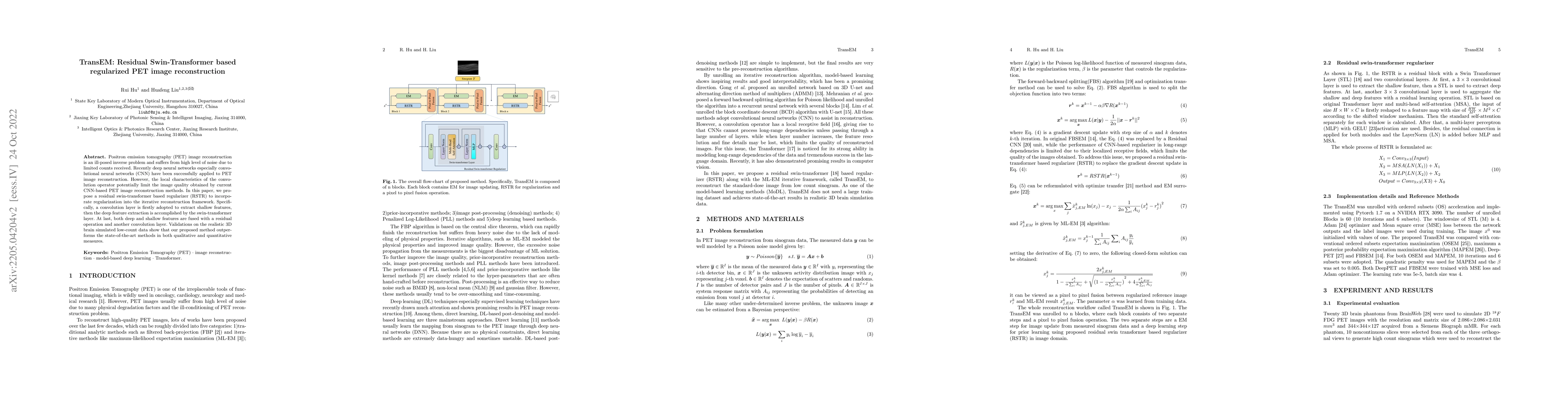Thumbnail for TransEM:Residual Swin-Transformer based regularized PET image
  reconstruction