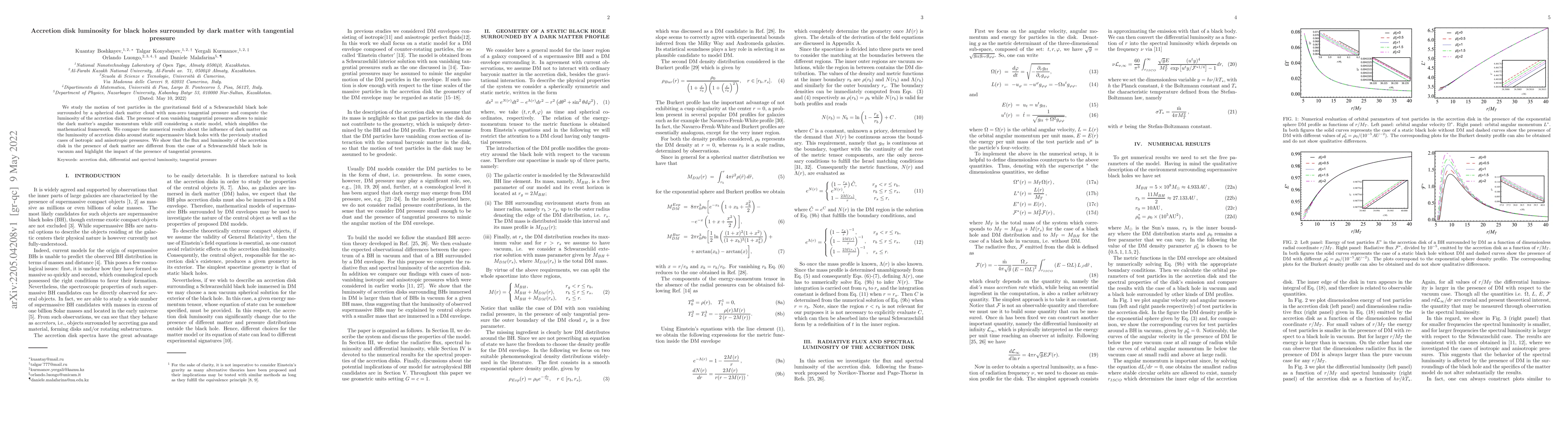 Thumbnail for Accretion disk luminosity for black holes surrounded by dark matter with
  tangential pressure