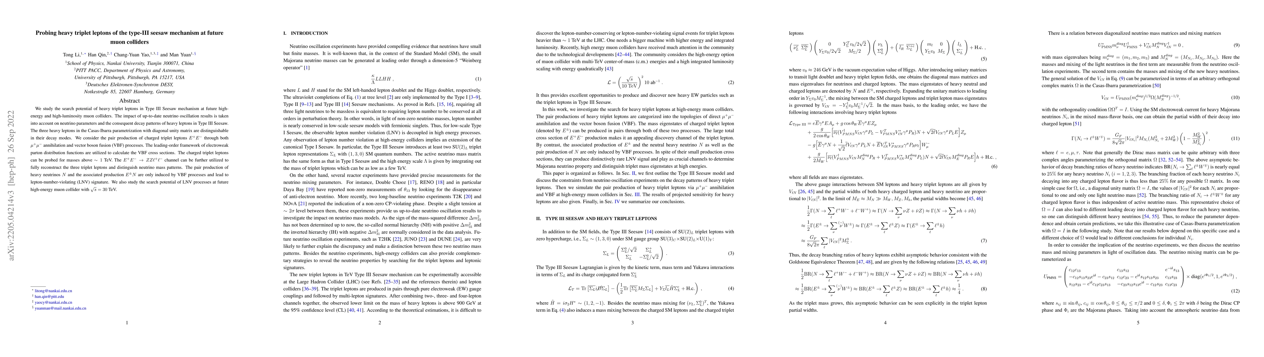 Thumbnail for Probing heavy triplet leptons of the type-III seesaw mechanism at future
  muon colliders