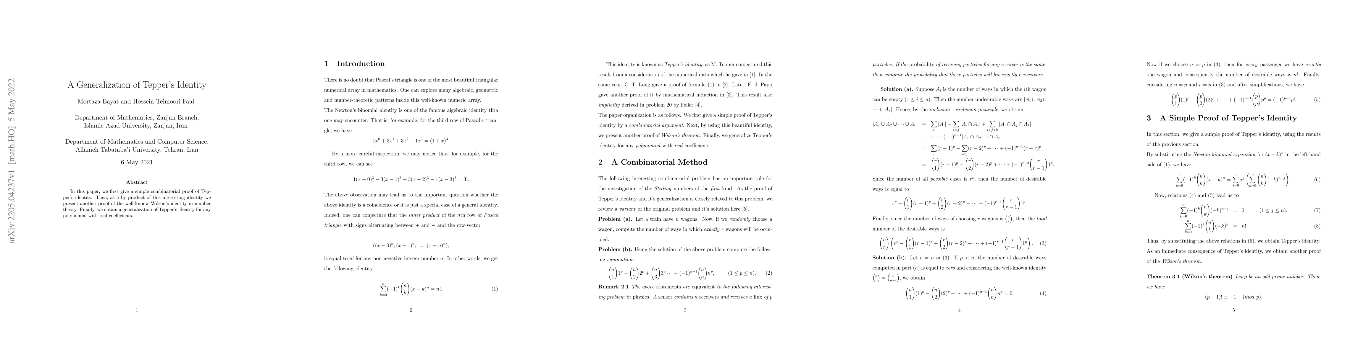 Thumbnail for A Generalization of Tepper's Identity