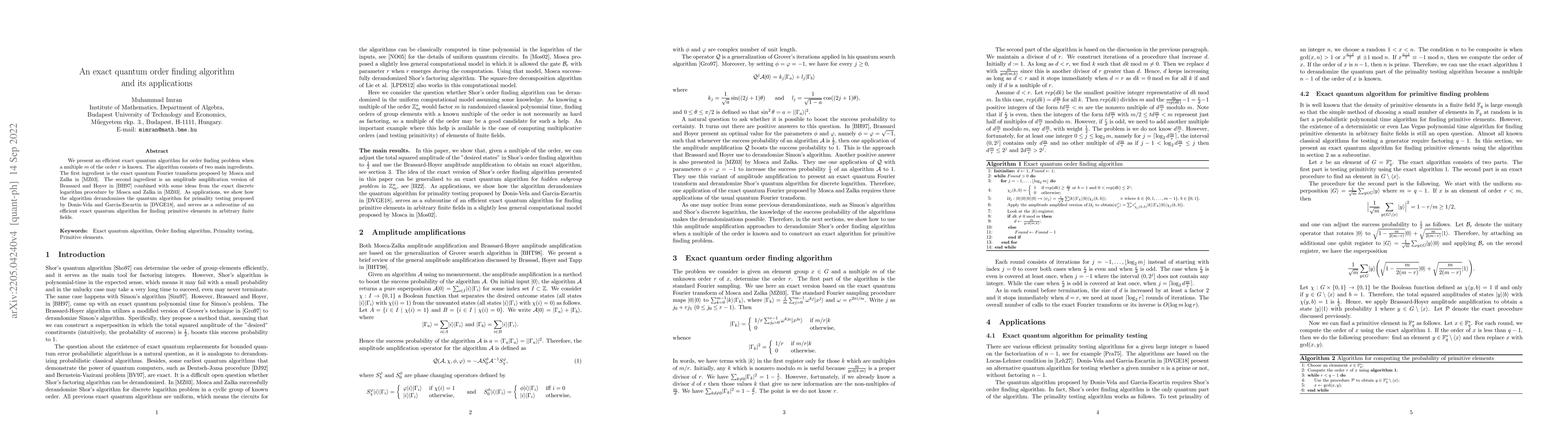 Thumbnail for An exact quantum order finding algorithm and its applications