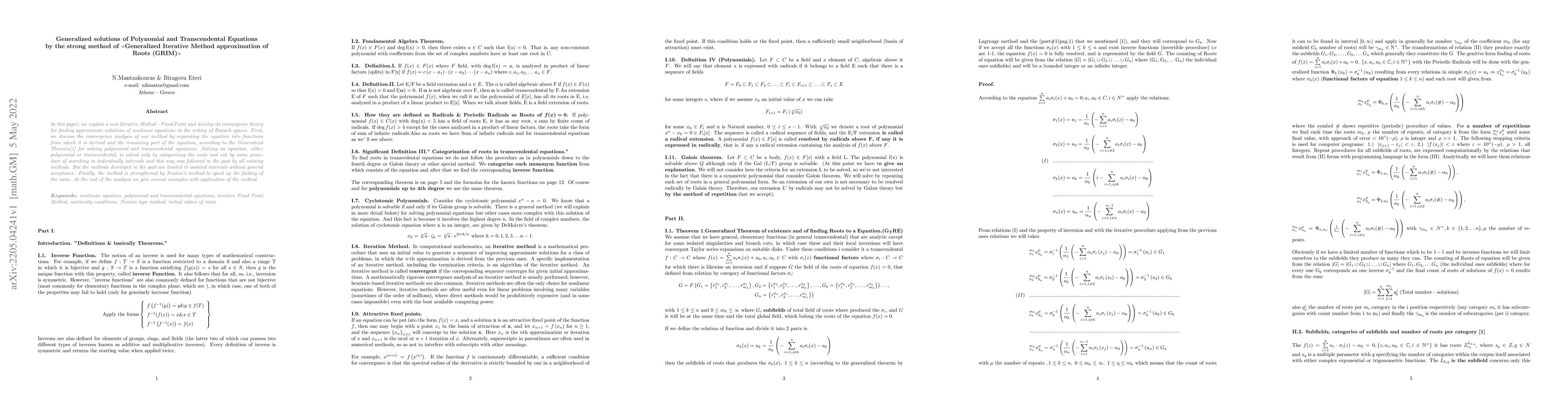 Thumbnail for Generalized solutions of Polynomial and Transcendental Equations by the
  strong method of (Generalized Iterative Method approximation of Roots (GRIM)
  )