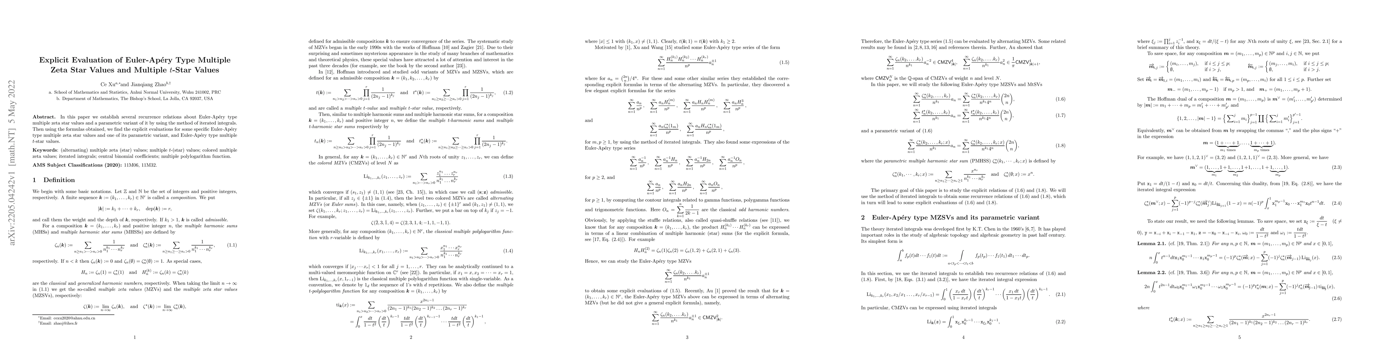 Thumbnail for Explicit Evaluation of Euler-Ap\'ery Type Multiple Zeta Star Values and
  Multiple $t$-Star Values