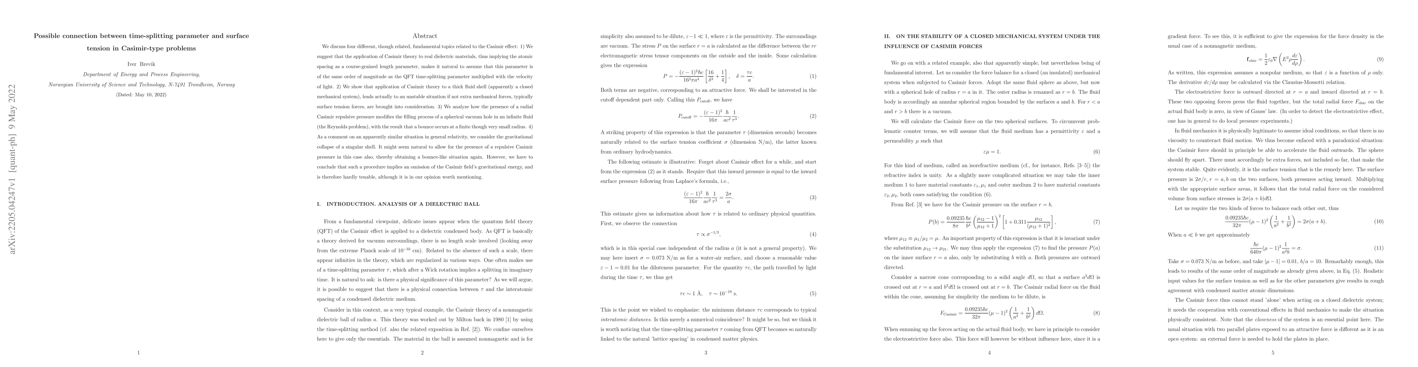 Thumbnail for Connection between time-splitting parameter and surface tension in
  Casimir problems. Related phenomena in relativistic collapse of a singular
  shell