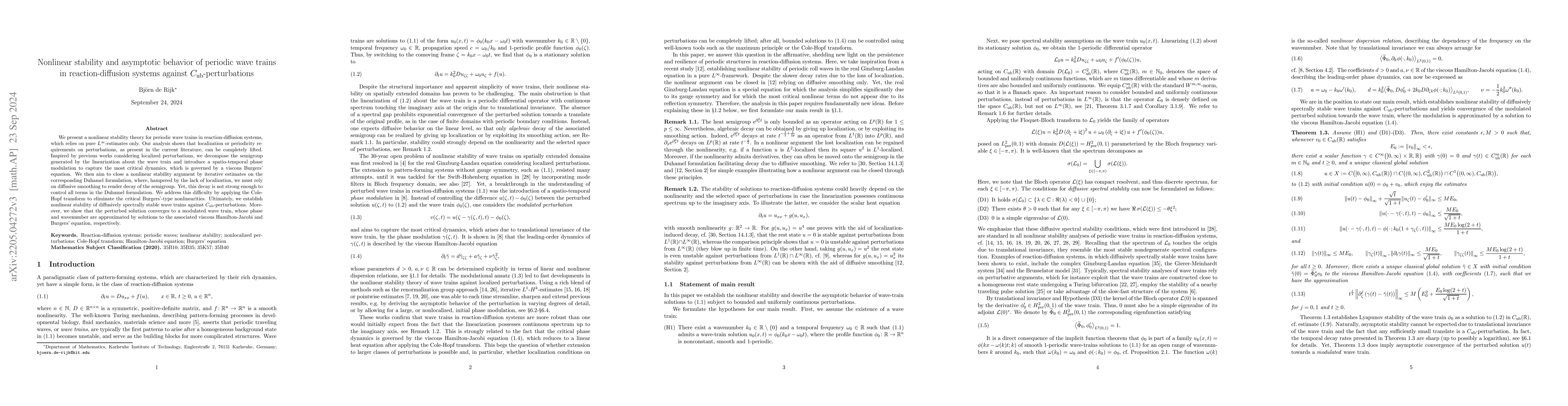 Thumbnail for Nonlinear stability and asymptotic behavior of periodic wave trains in
  reaction-diffusion systems against $C_{\mathrm{ub}}$-perturbations