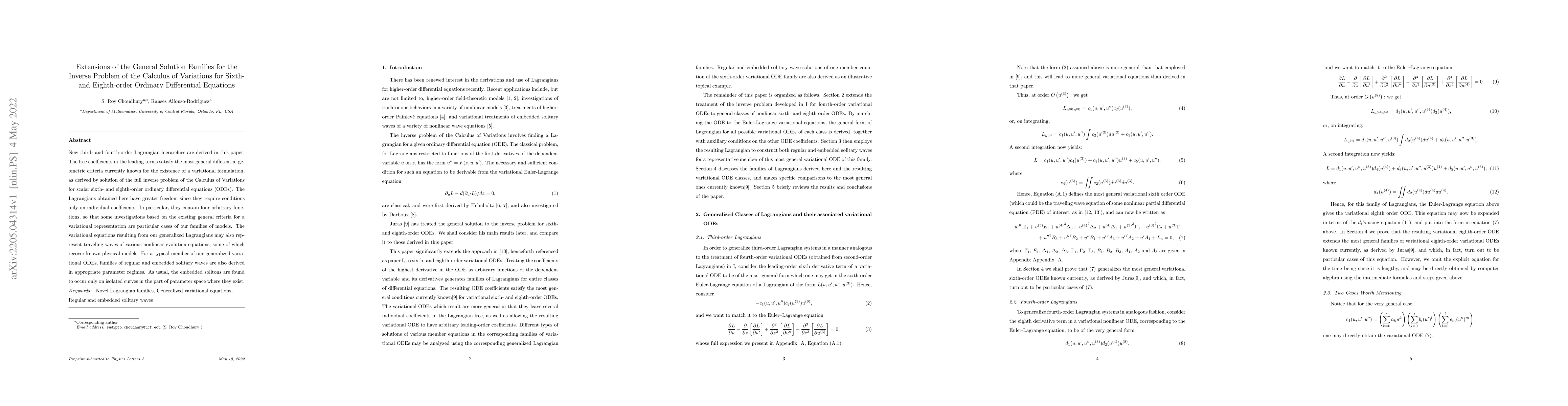 Thumbnail for Extensions of the General Solution Families for the Inverse Problem of
  the Calculus of Variations for Sixth- and Eighth-order Ordinary Differential
  Equations