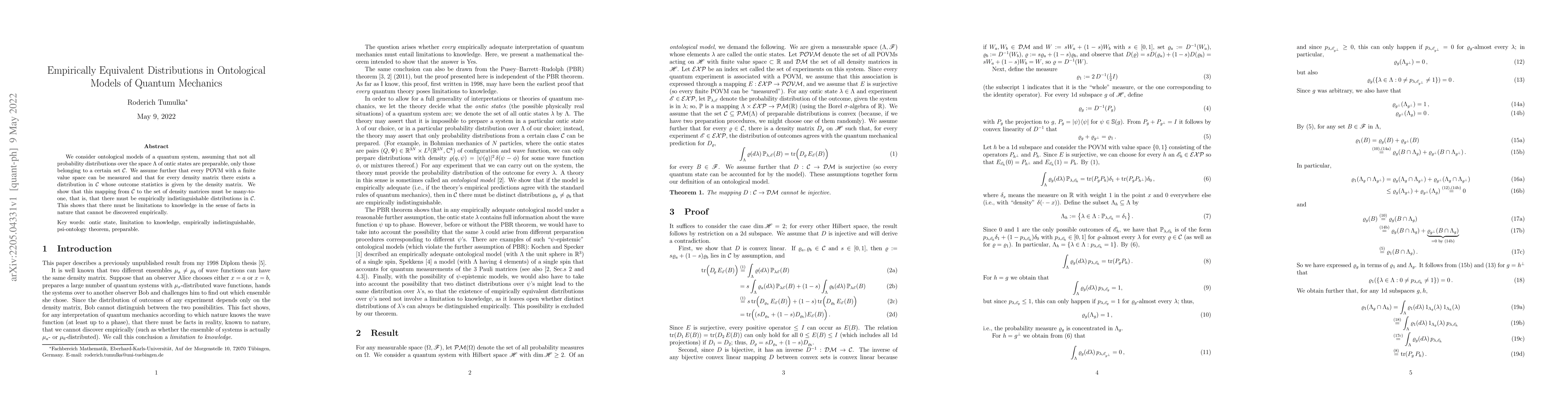 Thumbnail for Empirically Equivalent Distributions in Ontological Models of Quantum
  Mechanics