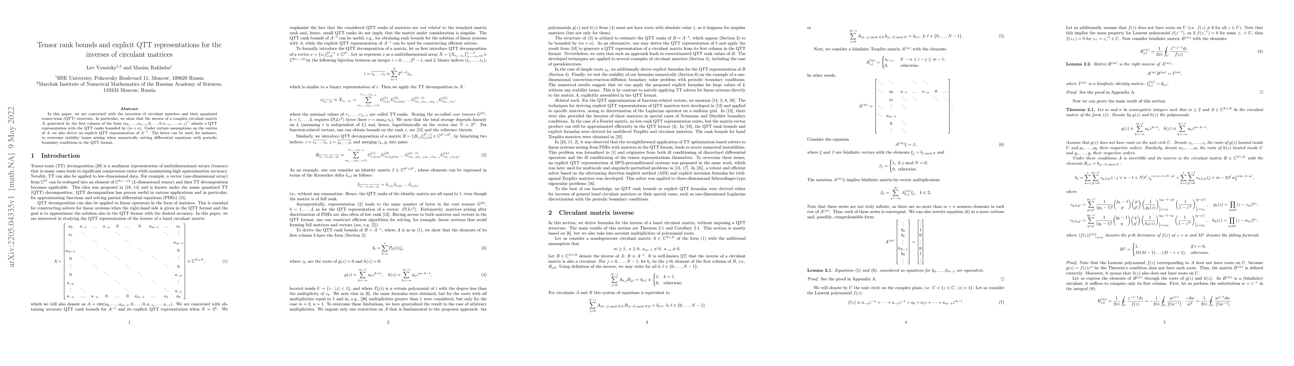 Thumbnail for Tensor rank bounds and explicit QTT representations for the inverses of
  circulant matrices