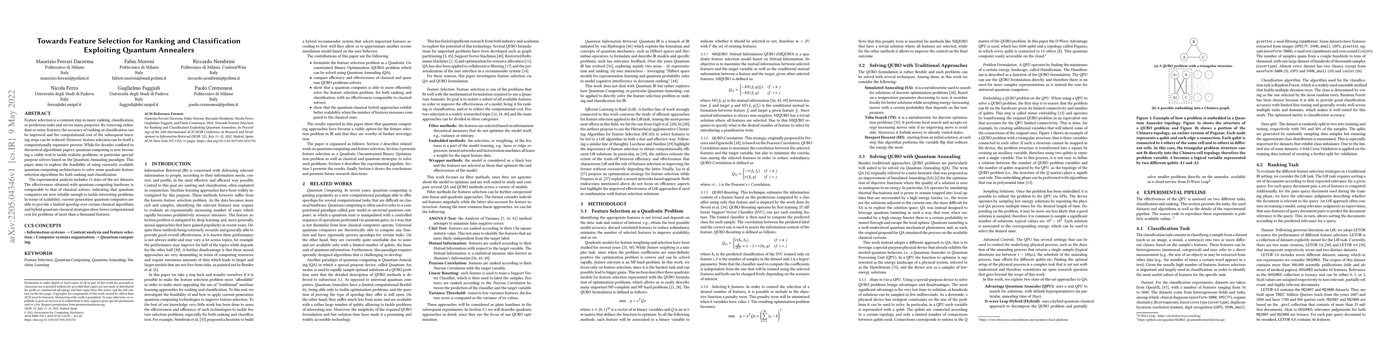 Thumbnail for Towards Feature Selection for Ranking and Classification Exploiting
  Quantum Annealers