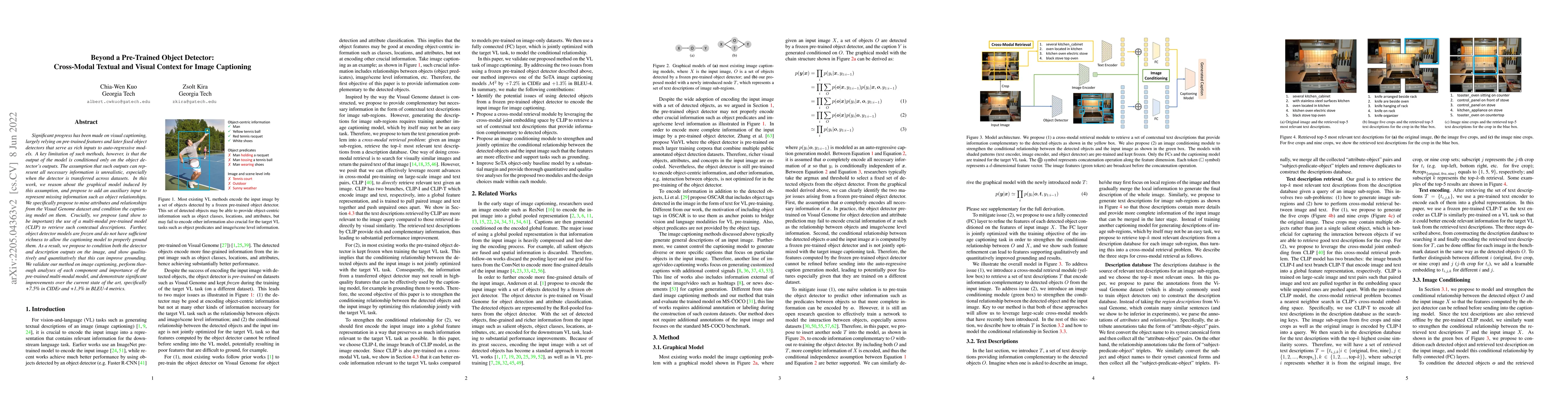 Thumbnail for Beyond a Pre-Trained Object Detector: Cross-Modal Textual and Visual
  Context for Image Captioning