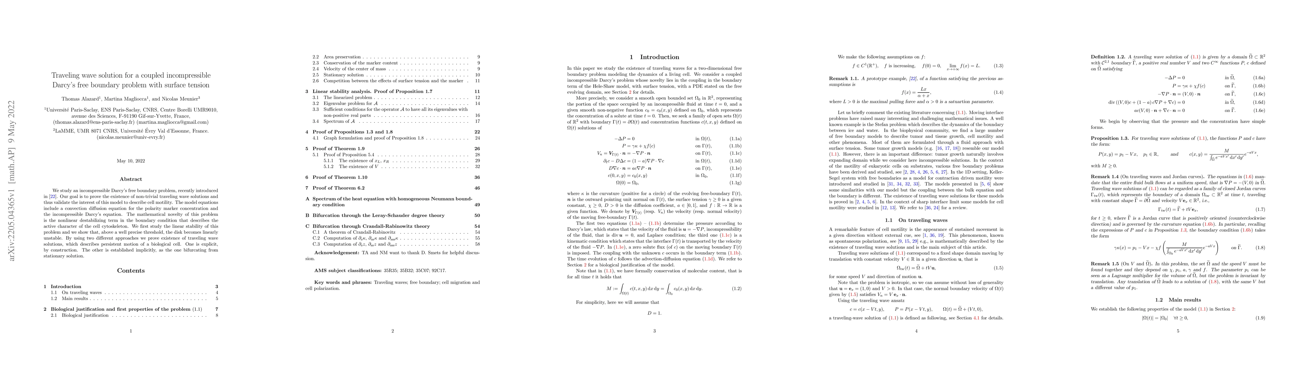 Thumbnail for Traveling wave solution for a coupled incompressible Darcy's free
  boundary problem with surface tension