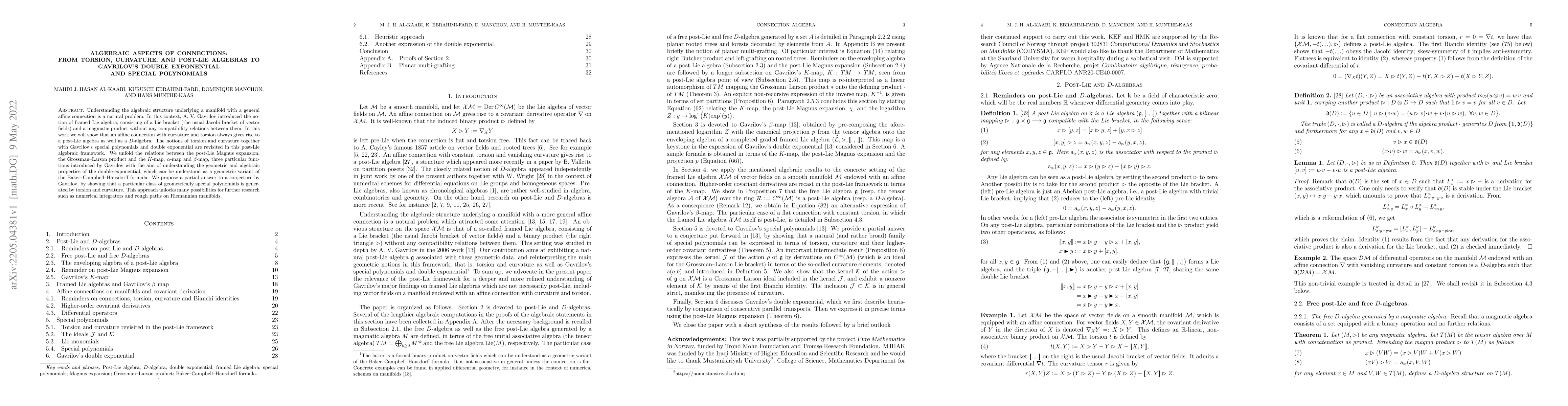 Thumbnail for Algebraic aspects of connections: from torsion, curvature, and post-Lie
  algebras to Gavrilov's double exponential and special polynomials