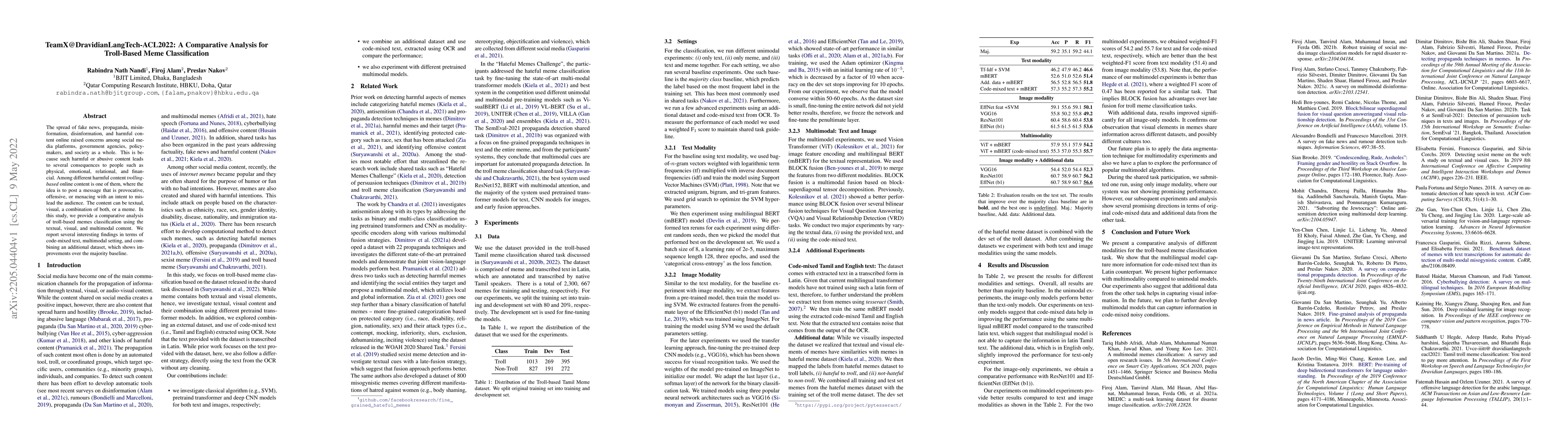 Thumbnail for TeamX@DravidianLangTech-ACL2022: A Comparative Analysis for Troll-Based
  Meme Classification