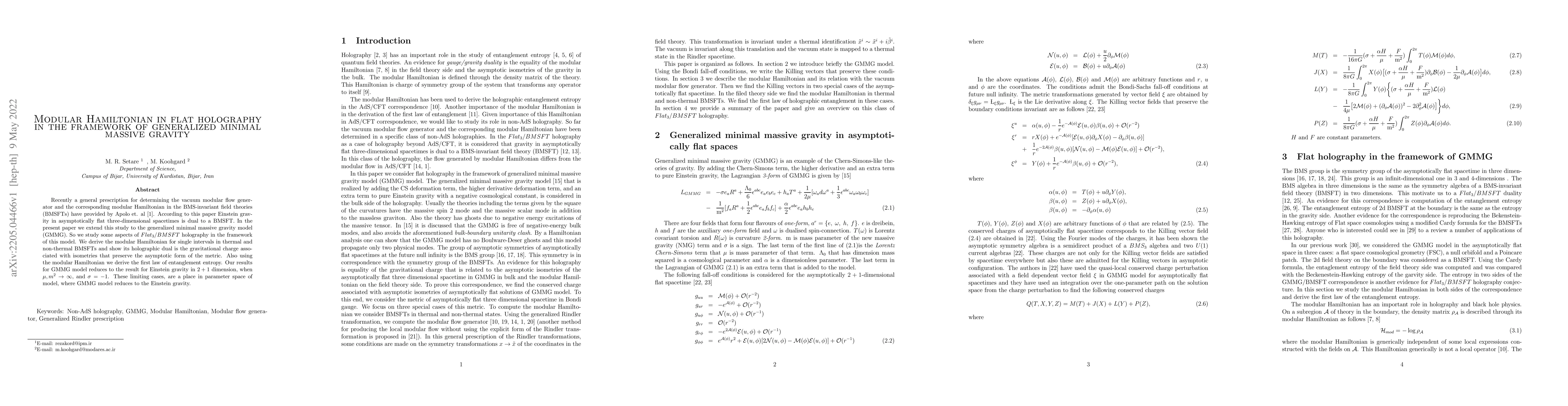Thumbnail for Modular Hamiltonian in flat holography in the framework of generalized
  minimal massive gravity