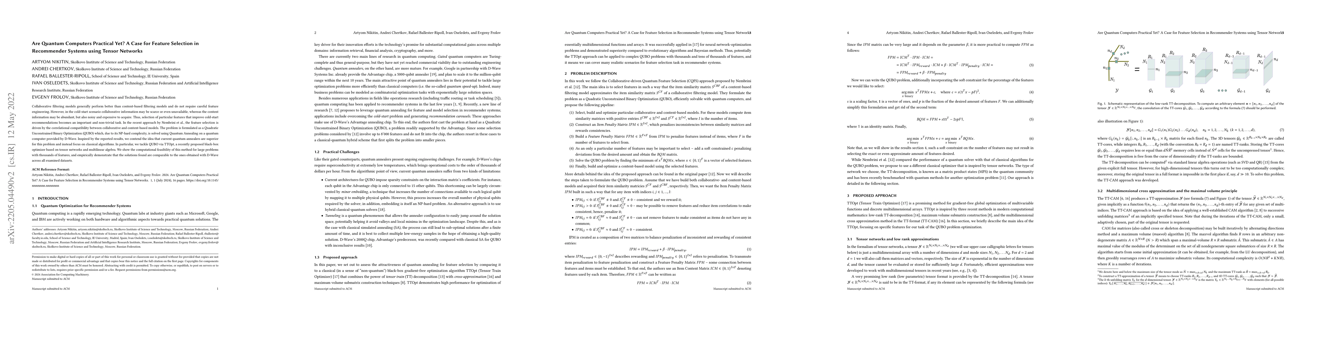 Thumbnail for Are Quantum Computers Practical Yet? A Case for Feature Selection in
  Recommender Systems using Tensor Networks