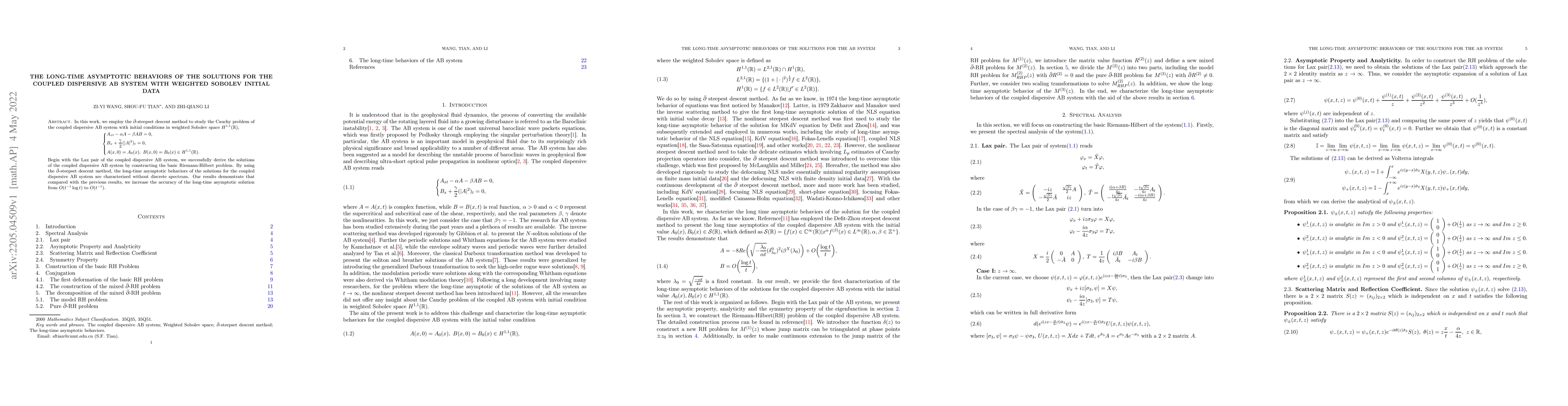 Thumbnail for The long-time asymptotic behaviors of the solutions for the coupled
  dispersive AB system with weighted Sobolev initial data
