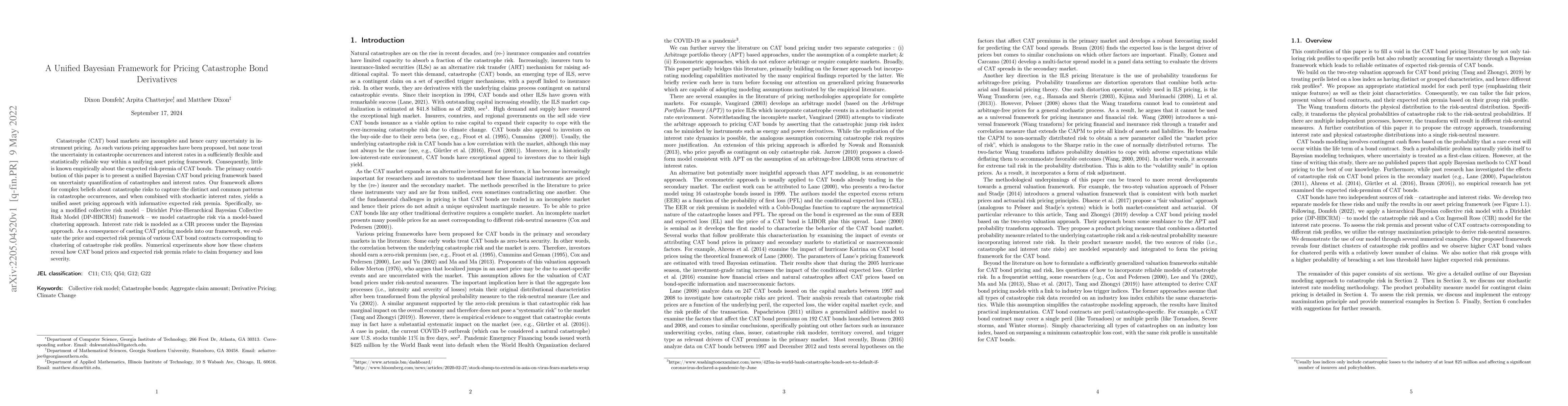 Thumbnail for A Unified Bayesian Framework for Pricing Catastrophe Bond Derivatives