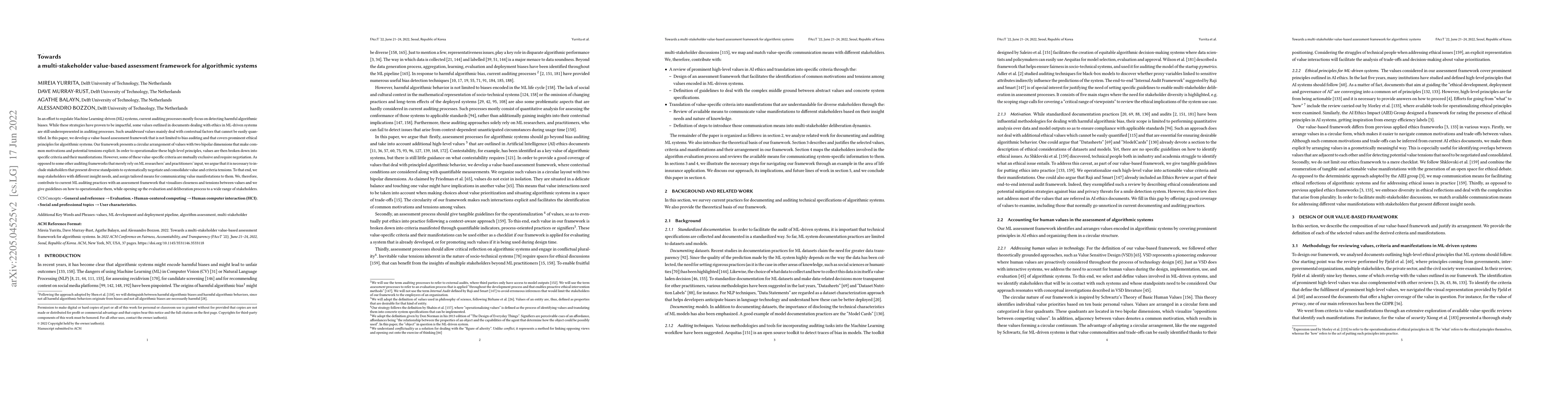 Thumbnail for Towards a multi-stakeholder value-based assessment framework for
  algorithmic systems