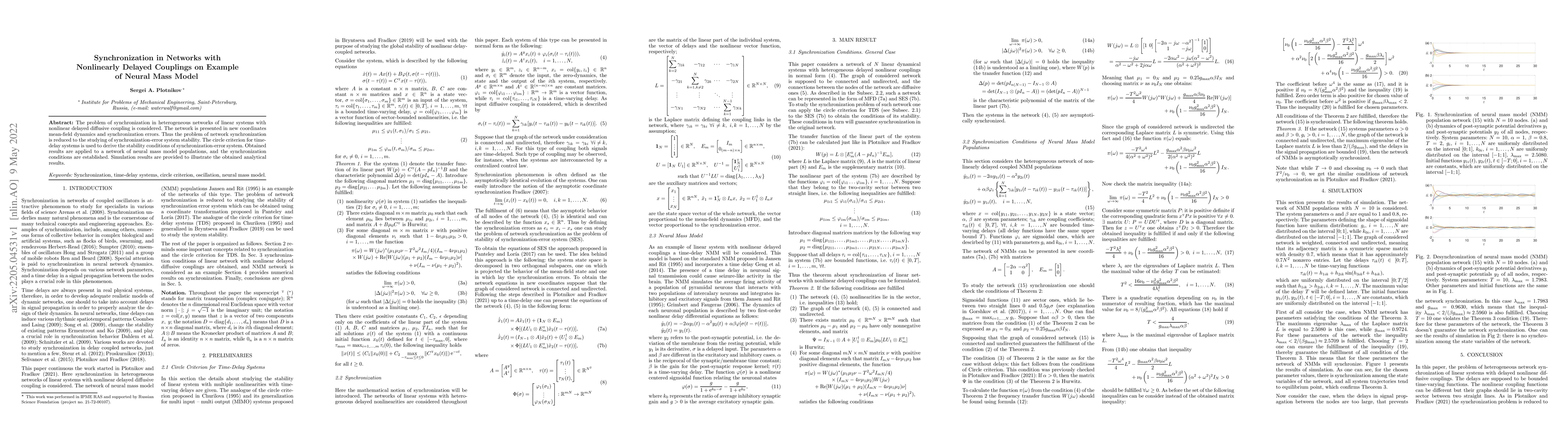 Thumbnail for Synchronization in Networks with Nonlinearly Delayed Couplings on
  Example of Neural Mass Model
