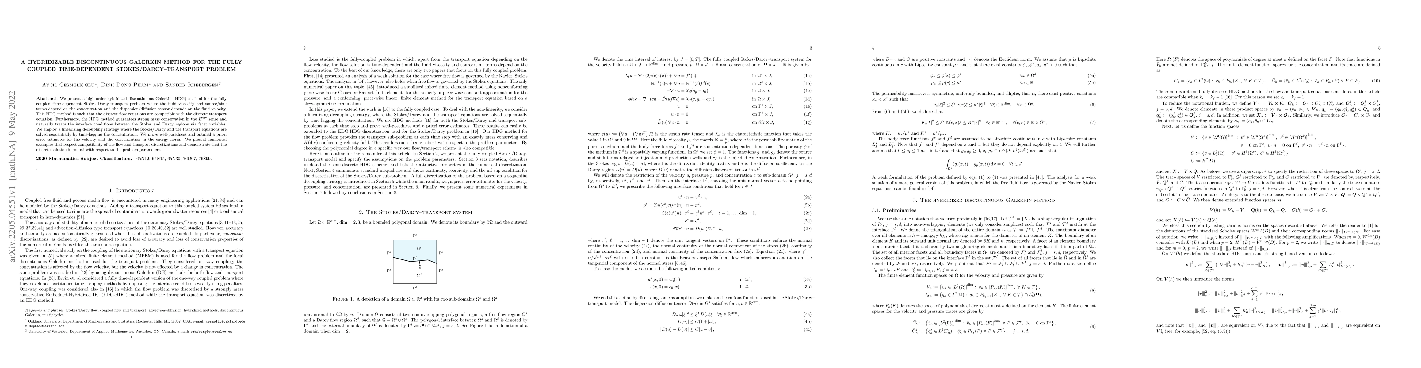 Thumbnail for A hybridizable discontinuous Galerkin method for the fully coupled
  time-dependent Stokes/Darcy-transport problem