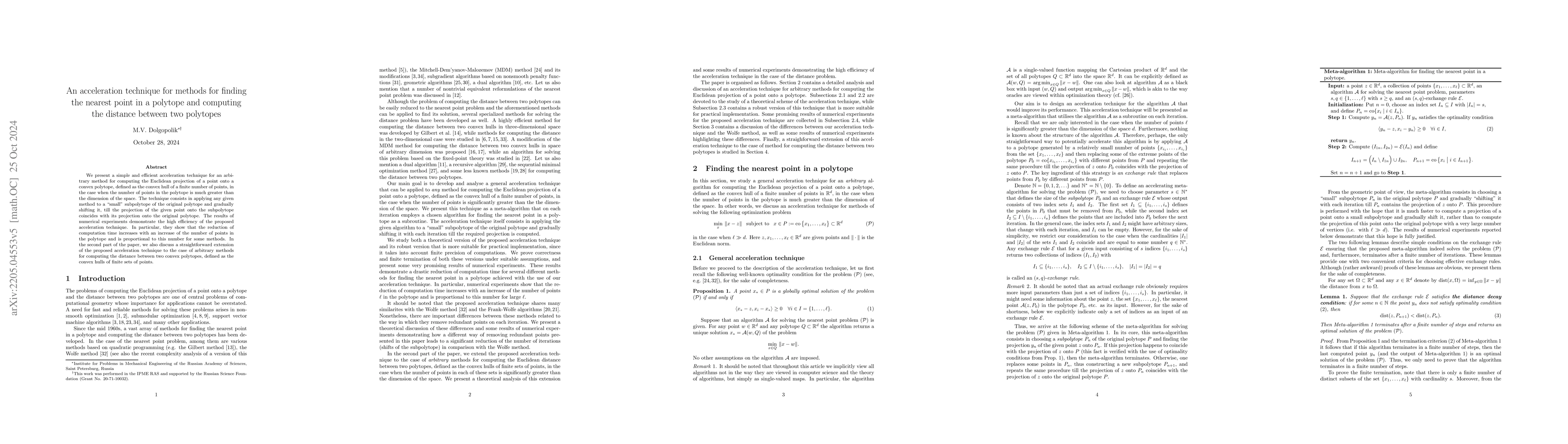 Thumbnail for An acceleration technique for methods for finding the nearest point in a
  polytope and computing the distance between two polytopes
