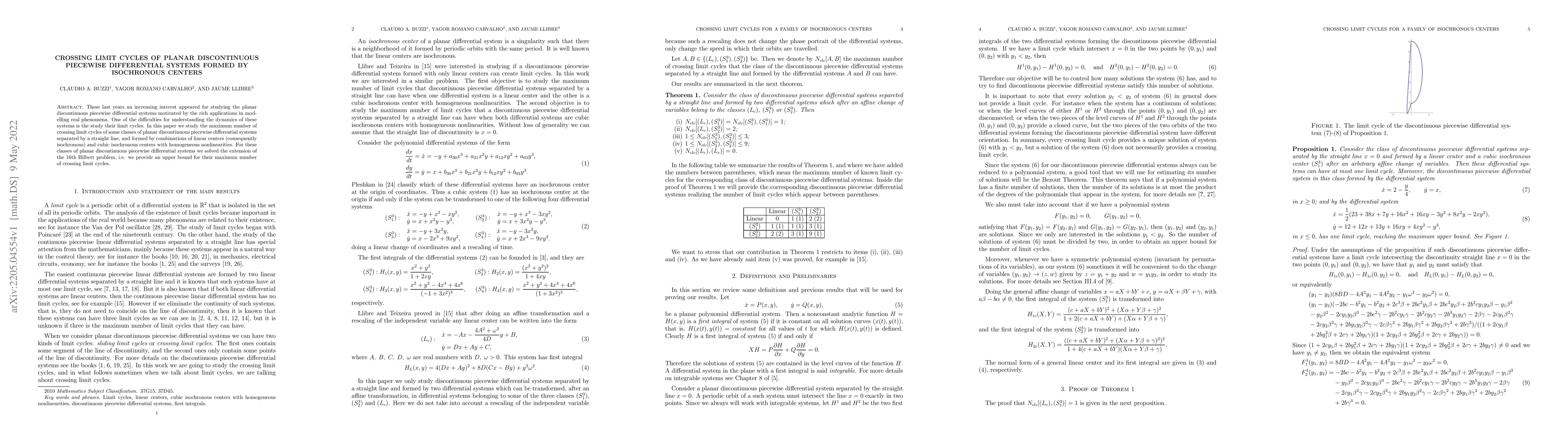 Thumbnail for Crossing limit cycles of planar discontinuous piecewise differential
  systems formed by isochronous centers