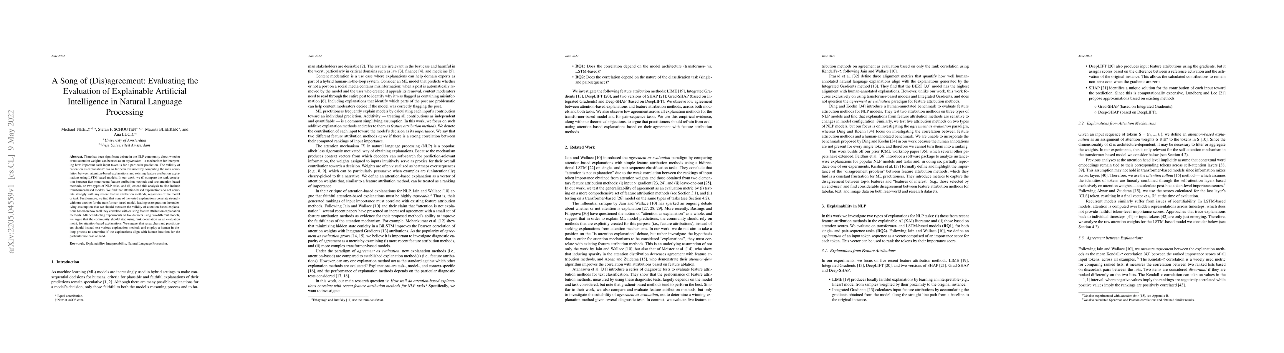 Thumbnail for A Song of (Dis)agreement: Evaluating the Evaluation of Explainable
  Artificial Intelligence in Natural Language Processing