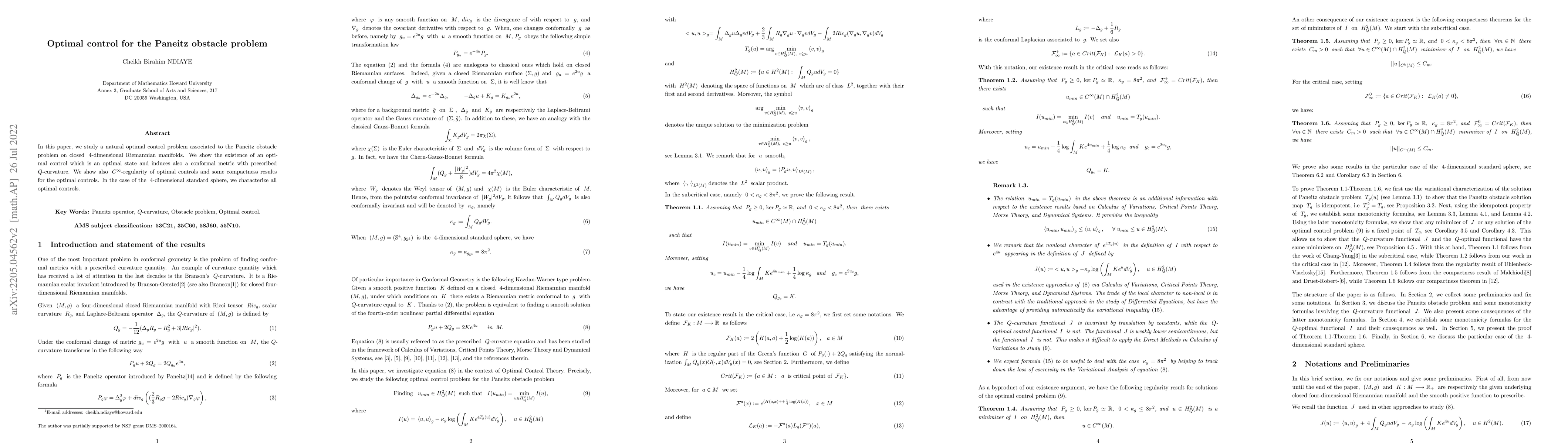 Thumbnail for Optimal control for the Paneitz obstacle problem