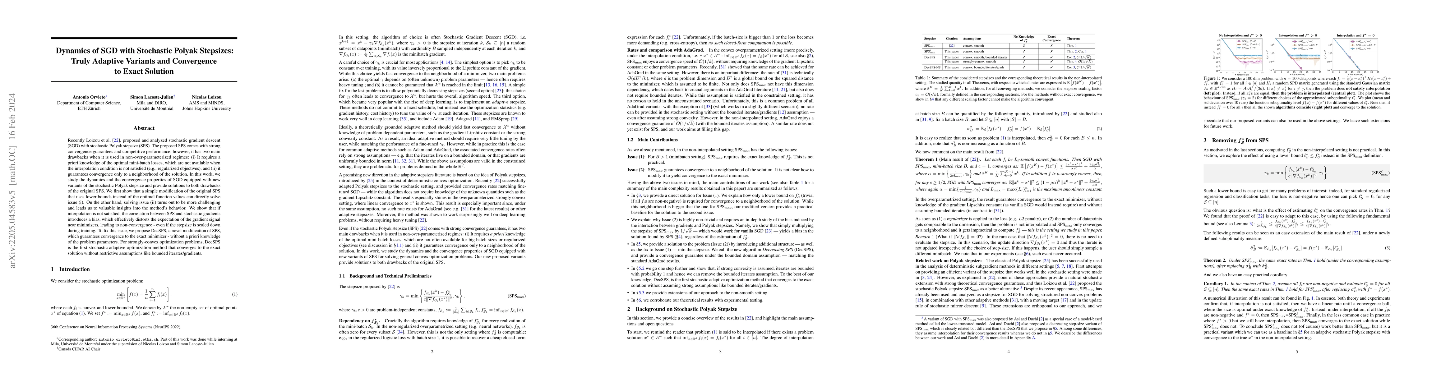 Thumbnail for Dynamics of SGD with Stochastic Polyak Stepsizes: Truly Adaptive
  Variants and Convergence to Exact Solution