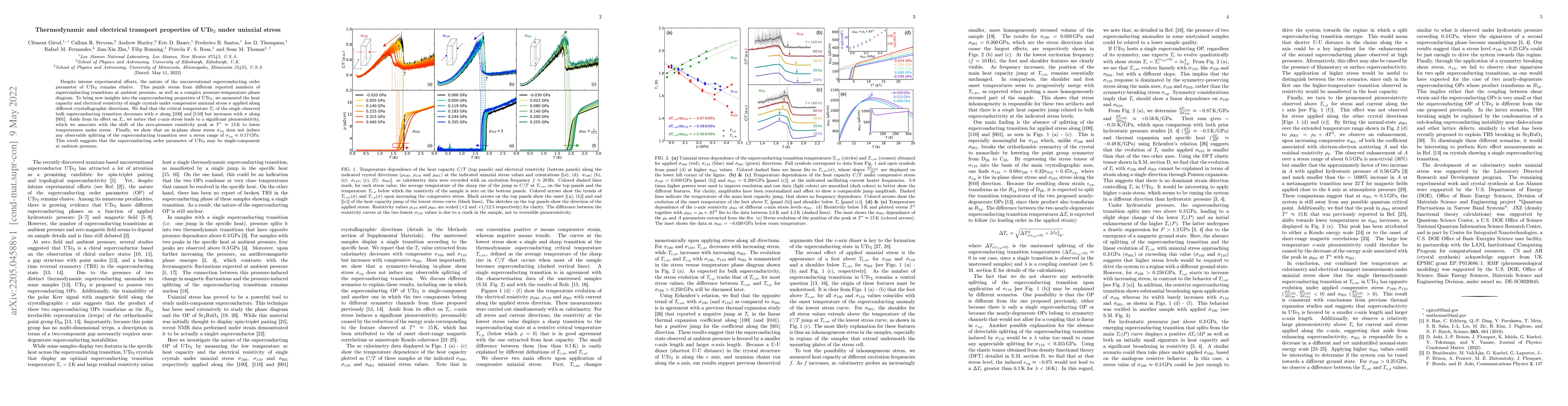Thumbnail for Thermodynamic and electrical transport properties of UTe$_2$ under
  uniaxial stress