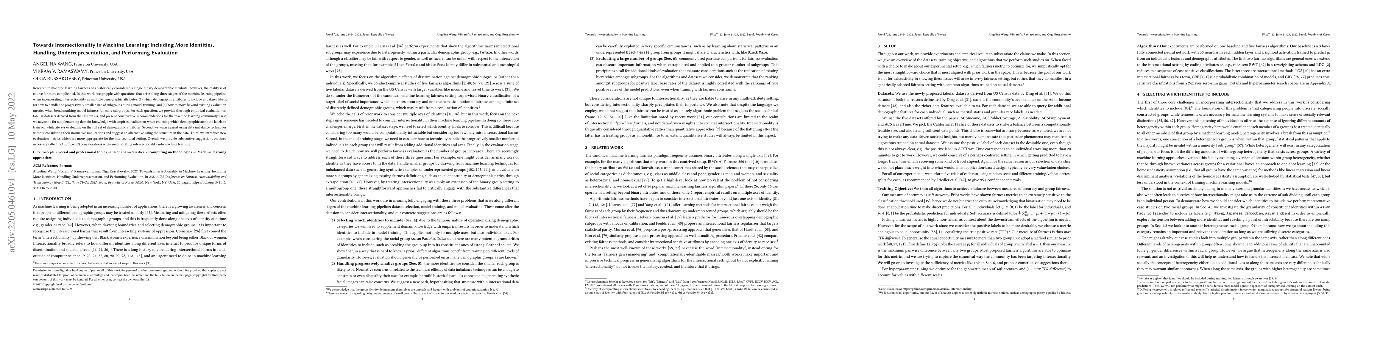 Thumbnail for Towards Intersectionality in Machine Learning: Including More
  Identities, Handling Underrepresentation, and Performing Evaluation