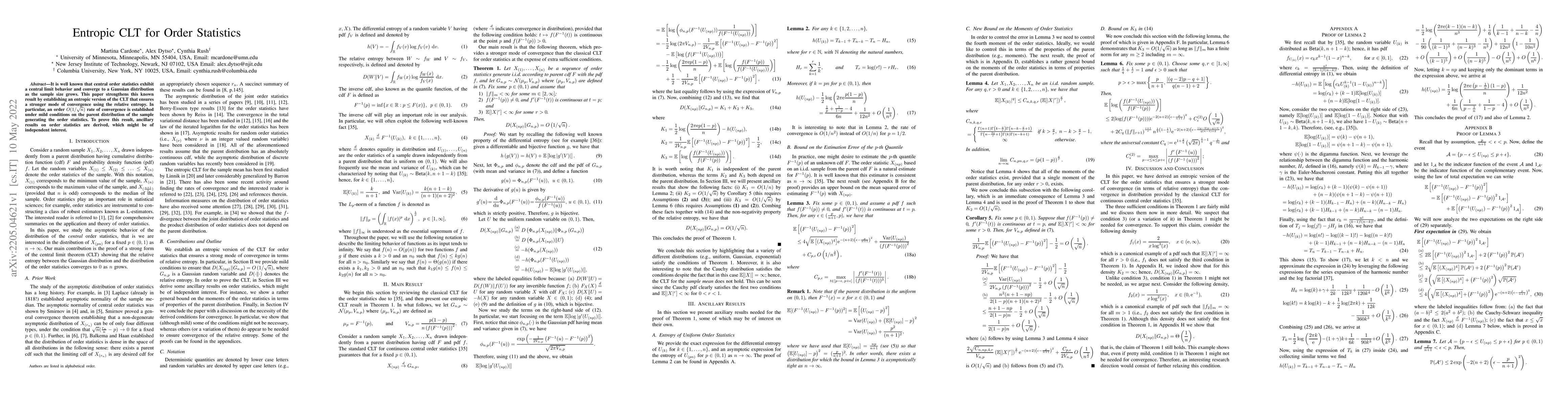Thumbnail for Entropic CLT for Order Statistics