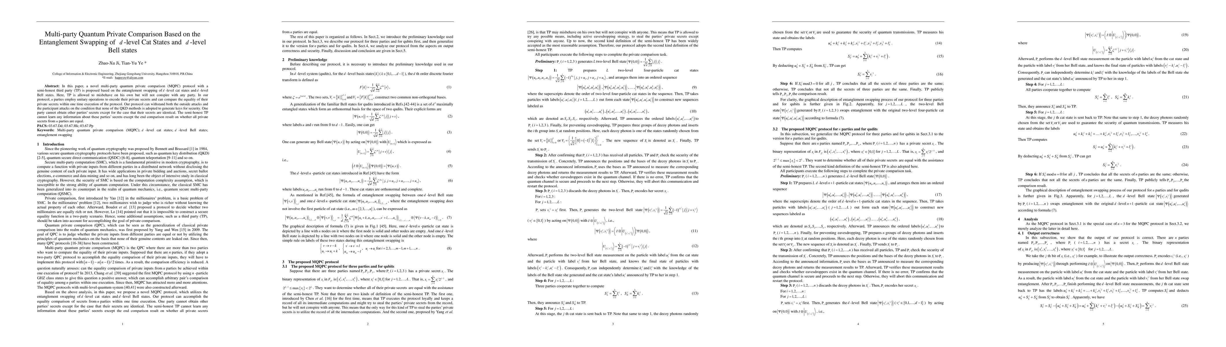 Thumbnail for Multi-party Quantum Private Comparison Based on the Entanglement
  Swapping of d-level Cat States and d-level Bell states
