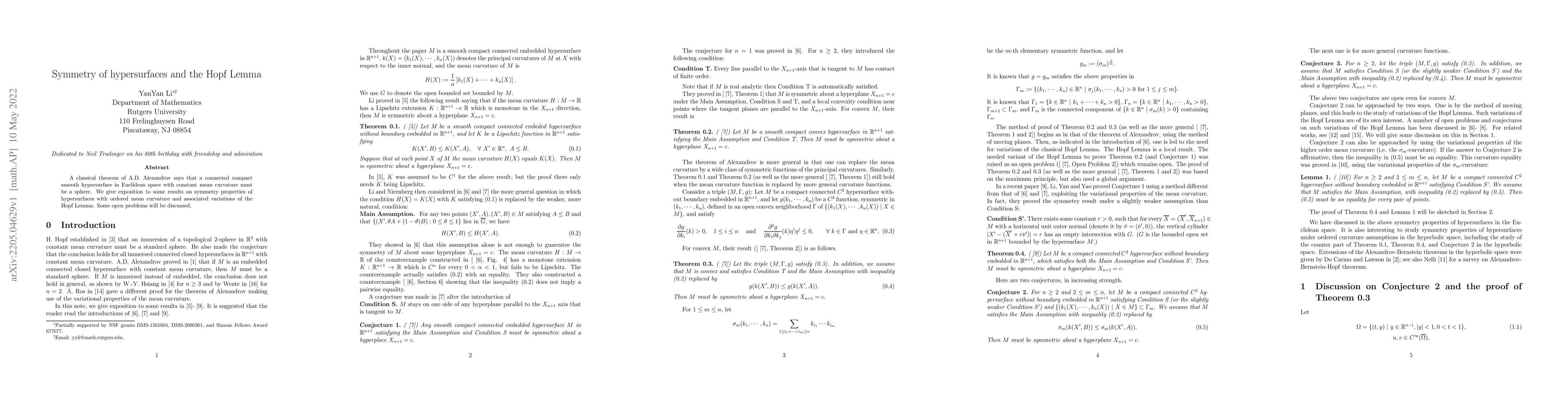 Thumbnail for Symmetry of hypersurfaces and the Hopf Lemma